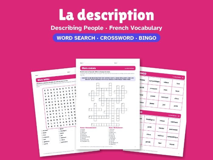 Describing People in French: Word Search, Crossword & Bingo
