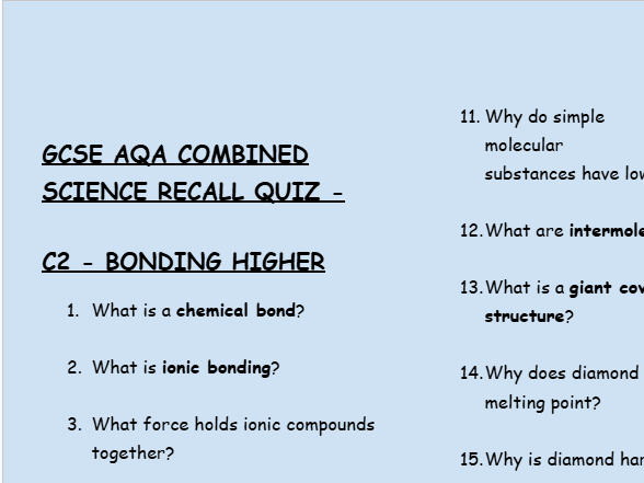 GCSE Chemistry C2 Bonding, Structure & Properties – 30 Higher Retrieval Questions | AQA