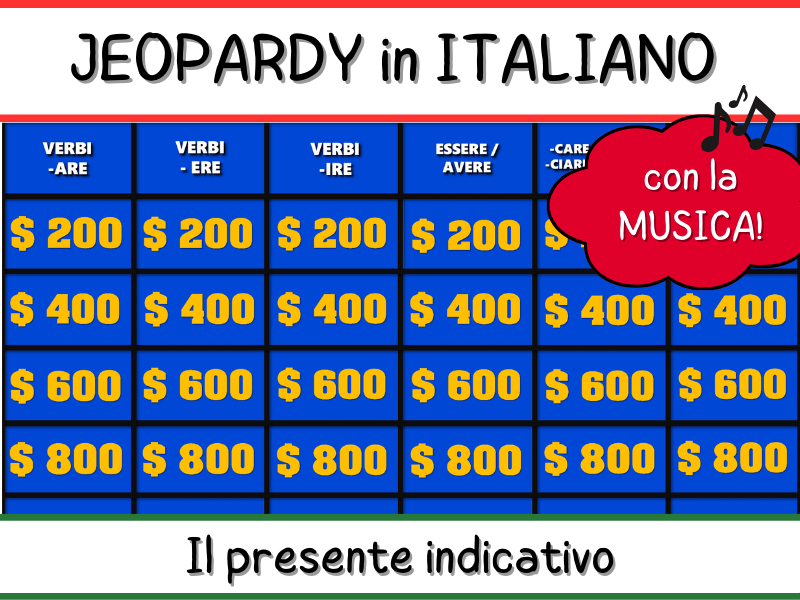 Italian Jeopardy -- Present tense verbs -- PPT Game with music!
