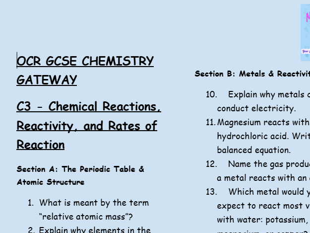 OCR GCSE Chemistry C3 Retrieval Practice: Low-Stakes Questions on Reactions & Reactivity