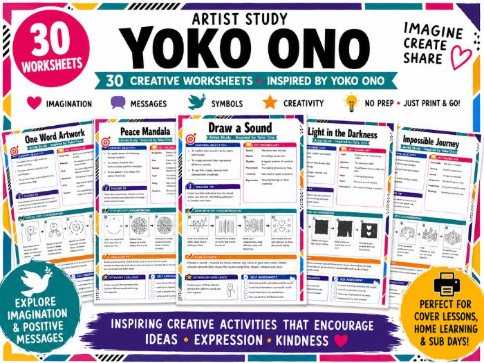 Yoko Ono Artist Study – 30 Creative Art Worksheets | Imagination, Peace, Messages & Conceptual Art