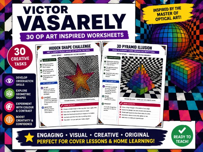 Victor Vasarely Inspired Op Art Worksheets | 30 Optical Illusion & Geometric Art Activities | KS3 KS