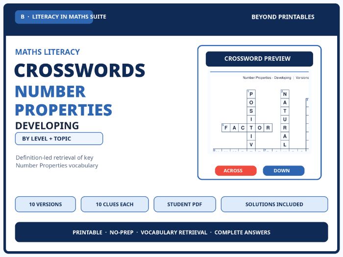Developing Number Properties Maths Crosswords | 10 Vocabulary Puzzles with Solutions