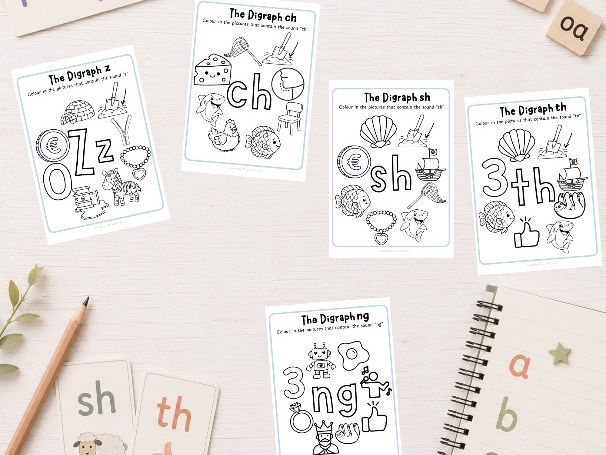 Phase 3 Phonics Colouring Sheets pack Two ( z, ch, sh, th, ng )