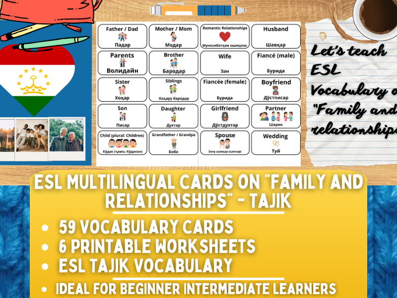 ESL Multilingual Vocabulary Flashcards - Family and Relationships - Tajik