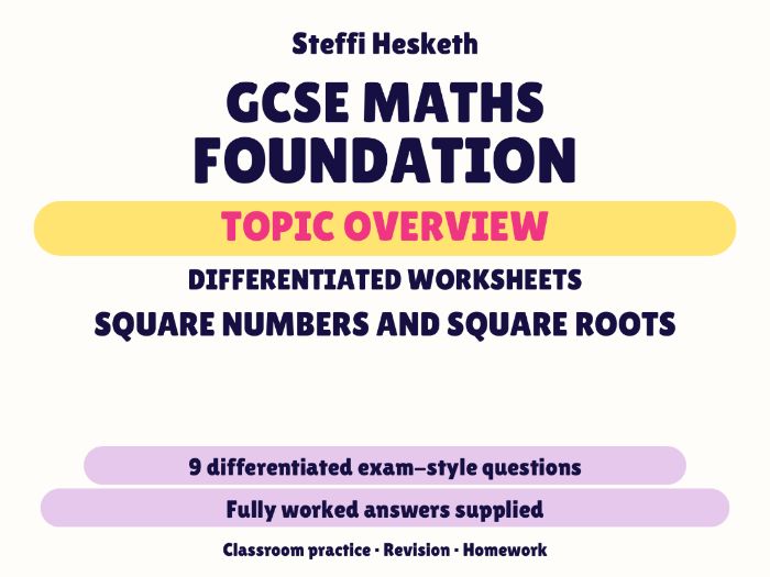 GCSE Foundation Square Numbers and Square Roots | Topic Overview Differentiated Worksheet