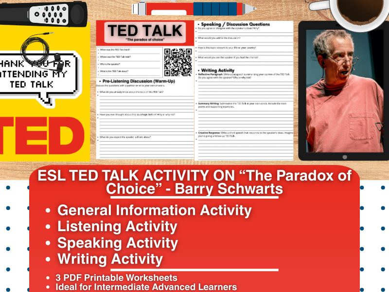 ESL TED Talk Activity Worksheets - The Paradox of Choice - Barry Schwartz