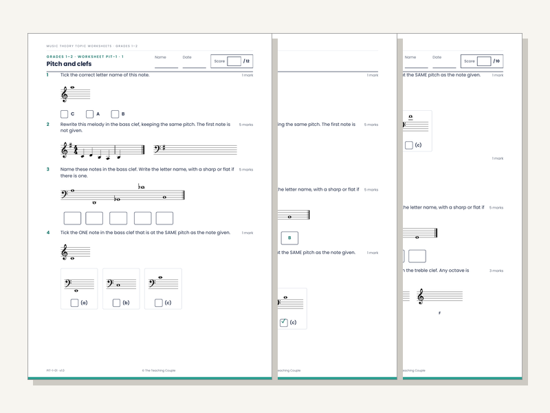 Grades 1–2 Music Theory Worksheets: Pitch & Clefs (20 Sheets + Answers)