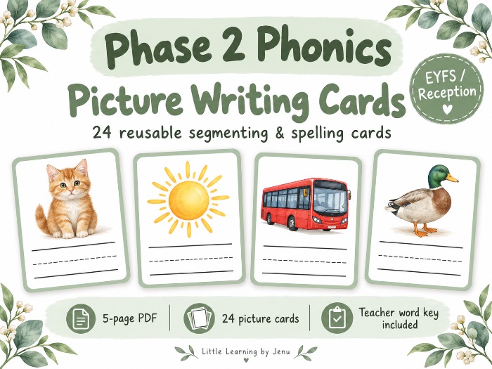 Phase 2 Phonics Picture Writing Cards | 24 Segmenting & Spelling Cards | EYFS