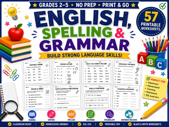 English Worksheets Bundle | Grammar, Spelling, Vocabulary & Sentence Writing