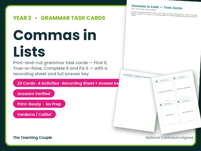 Year 2 Commas in Lists Task Cards – 23 Grammar Cards + Answer Key