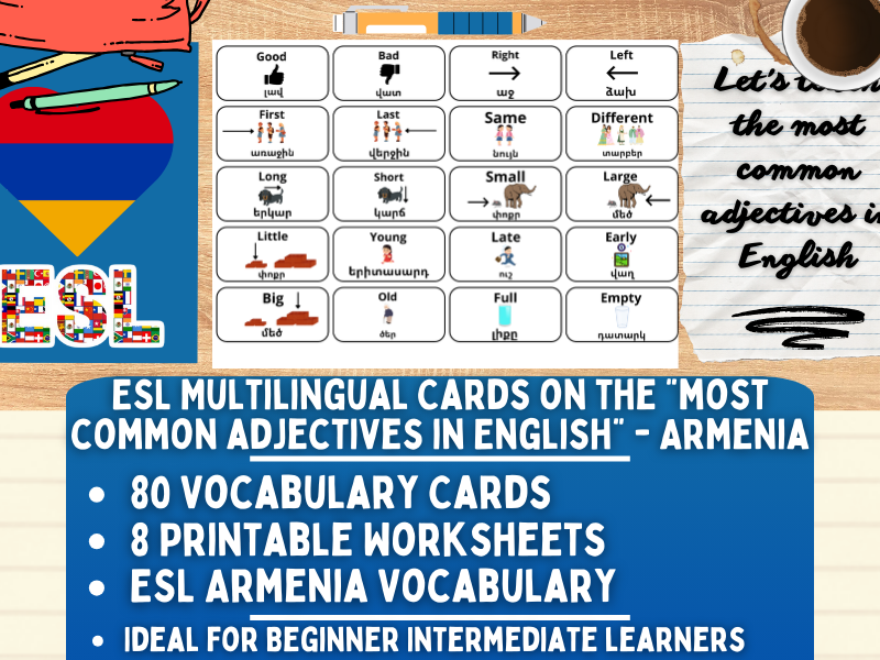 ESL Multilingual Vocabulary Flashcards - Most Common Adjectives - Armenian