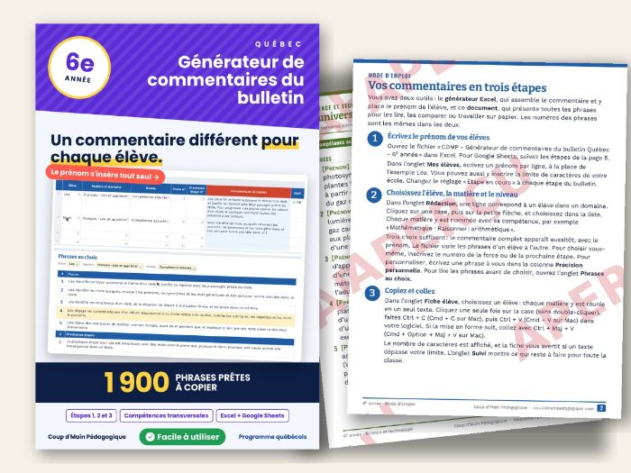 French Report Card Comments Québec Grade 6 | Commentaires bulletin 6e année