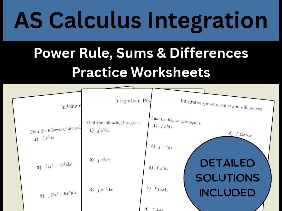 AS Calculus Integration | Power Rule, Sums & Differences Practice Worksheets