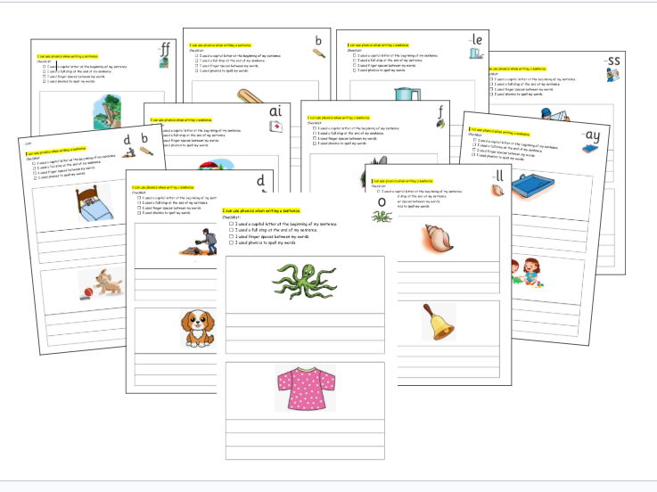 Sentence writing worksheets for unit 2 of phonics international. Also good for SEN and EAL