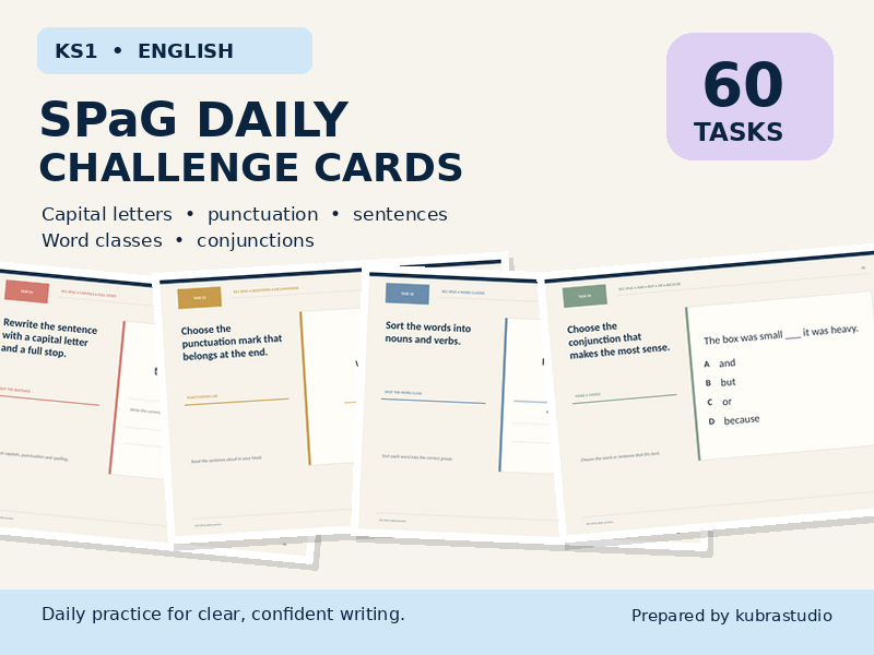 KS1 SPaG Daily Challenge Cards – 60 Tasks