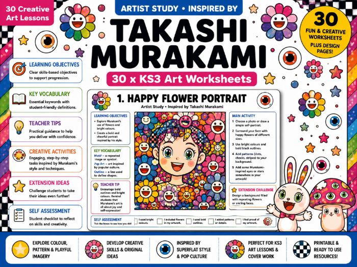 Takashi Murakami Inspired Art Worksheets | 30 Creative KS3 Art Lessons | Pop Art & Superflat Artist