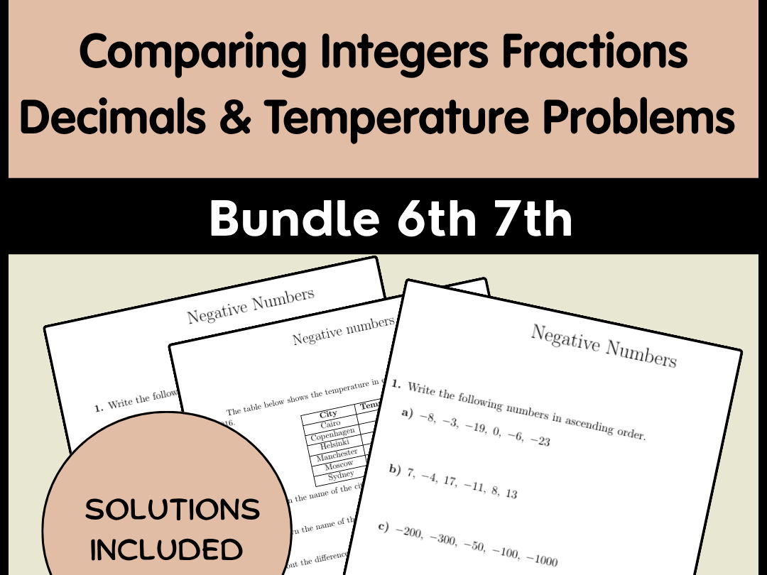 Comparing Integers Fractions Decimals & Temperature Problems Bundle | 6th 7th