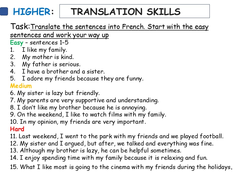 GCSE French identity and relationships higher foundation pack