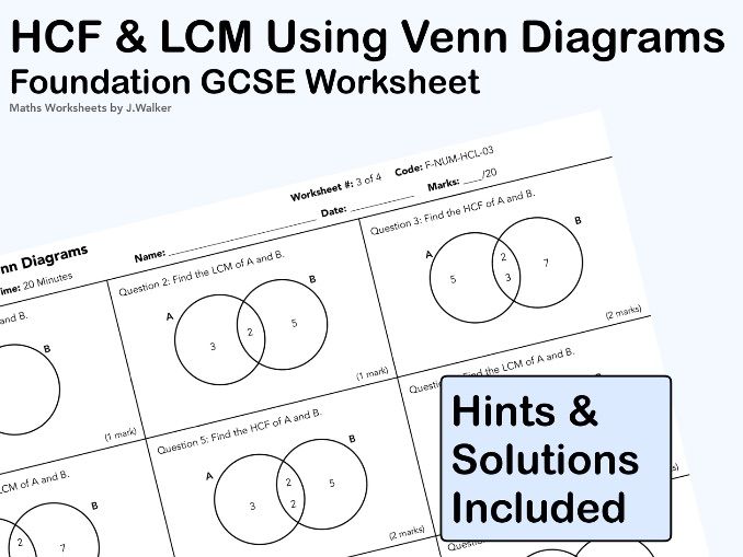 GCSE Maths Worksheet: HCF & LCM Using Venn Diagrams - Foundation Tier