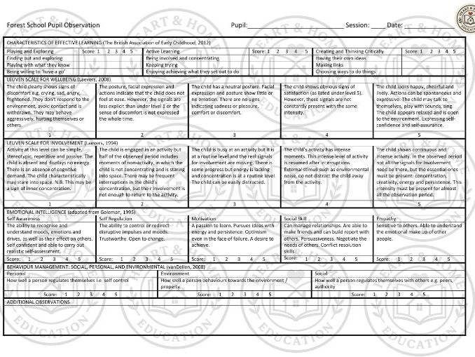 Forest School Pupil Observation Template – EYFS Characteristics, Leuven Scales & Emotional Intel