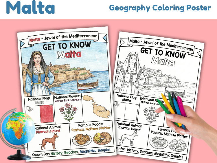 Malta Geography Coloring Poster | Country Facts Worksheet