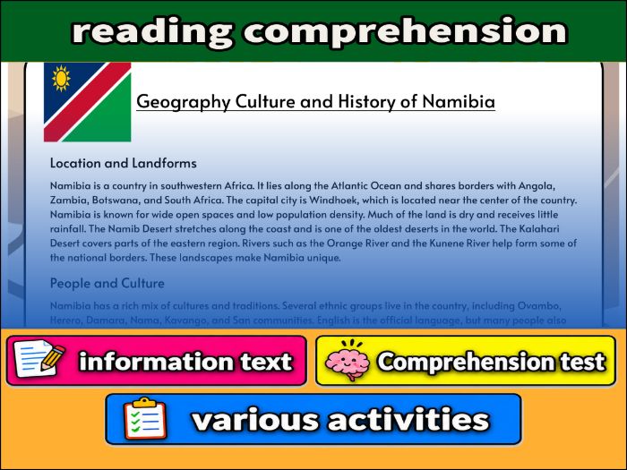 Geography Culture and History of Namibia- Reading Comprehension, Worksheet & Activities