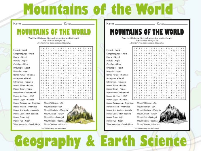 Mountains of the World Word Search Puzzle | Geography & Earth Science Activity