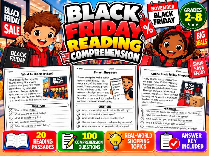 Black Friday Reading Comprehension | 20 Passages & 100 Questions | Grades 2–8