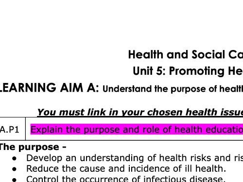 Health and Social AAQ Unit 5 Task 1 Learning Aim A checklist