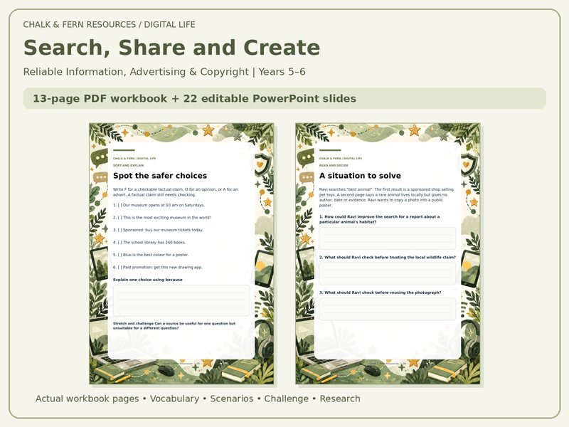 Reliable Sources, Online Research & Copyright | Years 5–6 | Workbook & PowerPoint | Search, Share an