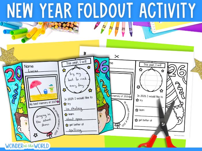 New Year self portrait foldout writing activity KS1 reflection and goals January
