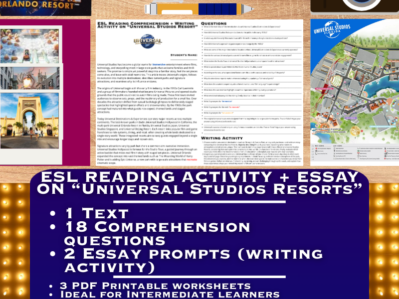ESL Reading Comprehension + Writing Activity Worksheets - Universal Studios Resort