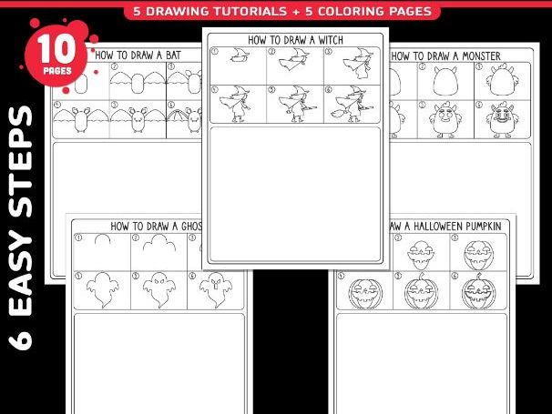Halloween Directed Drawing, Learn to Draw a Ghost, Pumpkin, Witch, Bat & Monster, 6 Steps