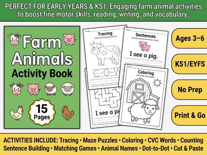 Farm Animals Activity Book: 15-Page EYFS & KS1 Printable