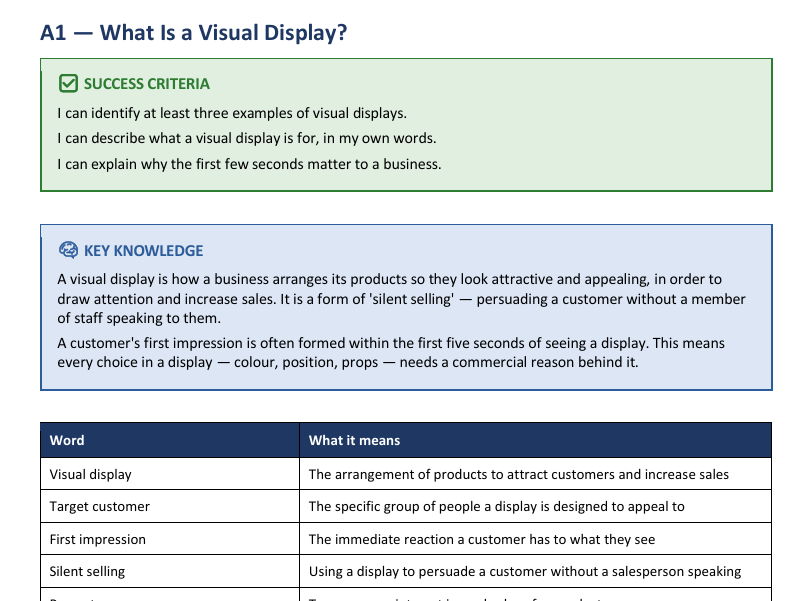 Unit B8: Creating a Visual Display | BTEC Level 1 Introductory Business | 27-Page Student Workbook