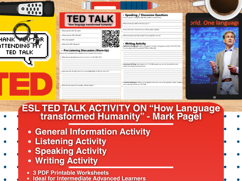 ESL TED Talk Activity Worksheet - How Language transformed Humanity - Mark Pagel