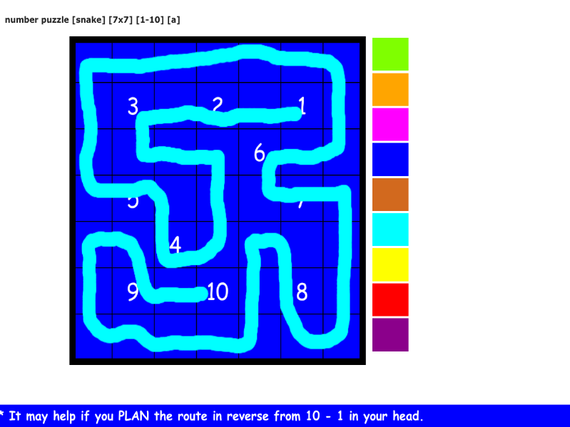 number puzzles [snake] [7x7 grid] [1-10] [a]
