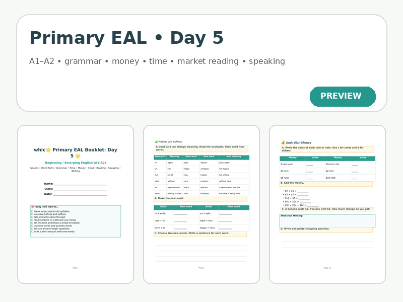 Beginner EAL / ESL English Booklets | 12 Hours of Primary Literacy Activities