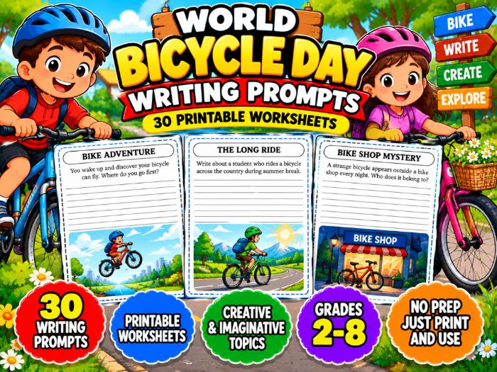 World Bicycle Day Writing Prompts | 30 Printable Creative Writing Worksheets