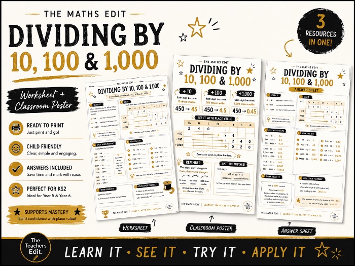 Dividing by 10, 100 and 1,000 | KS2 Maths Worksheet, Display Poster & Answers