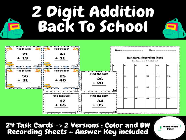 2 Digit Addition - Without Regrouping | Task Cards+Answer Key | Back to School | First Grade