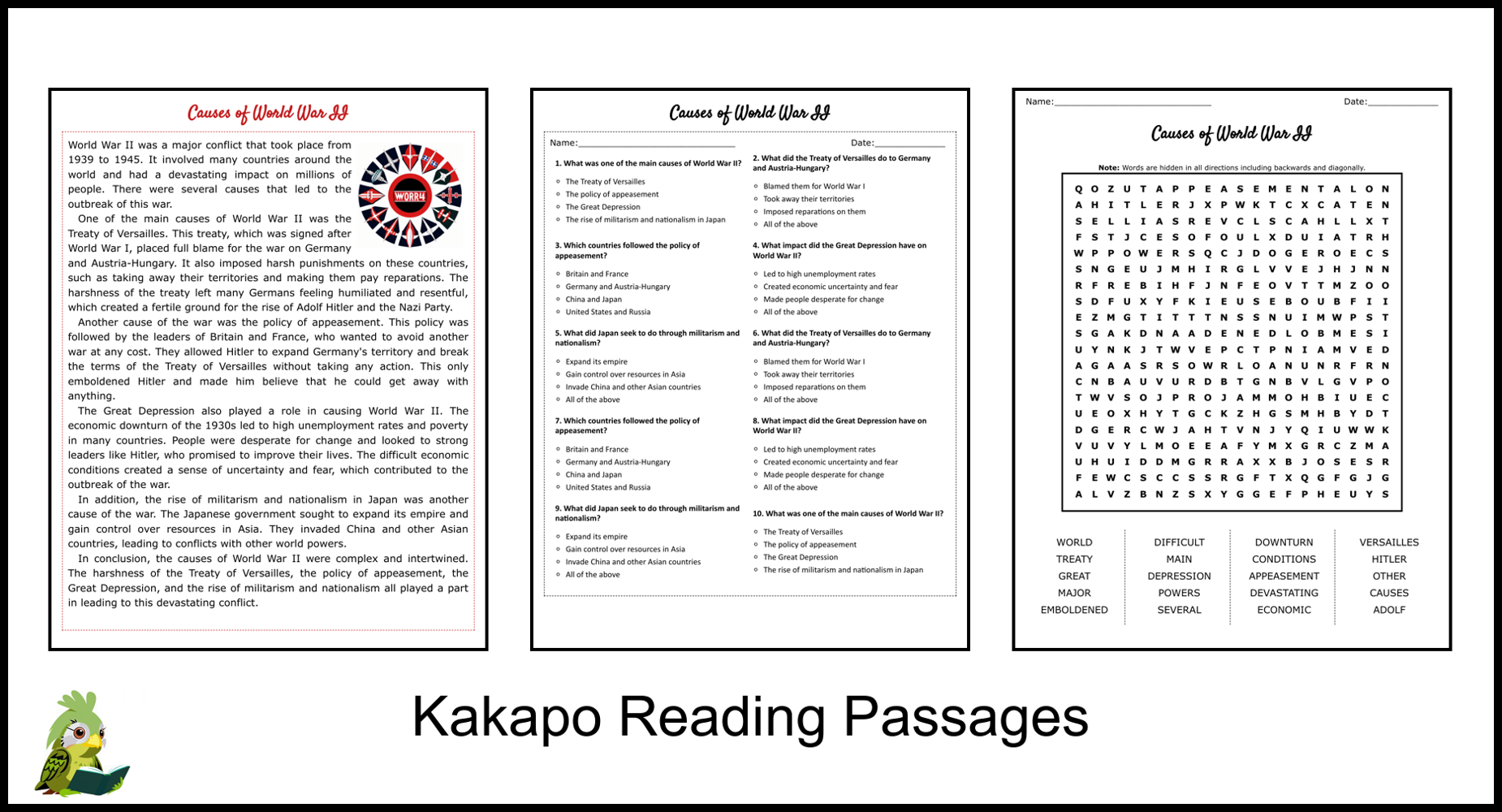 Causes Of World War II Reading Comprehension And Word Search Teaching