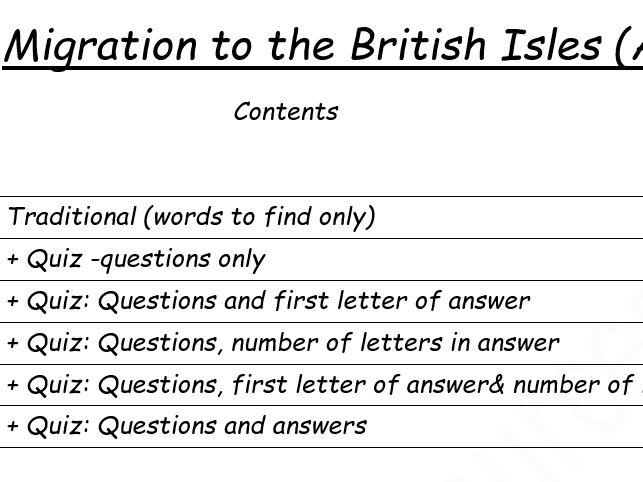 Migration to British Isles -wordsearch and quiz