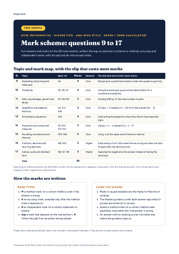 FREE GCSE Maths Higher Sample: AQA-style Paper 1 section (9 questions ...