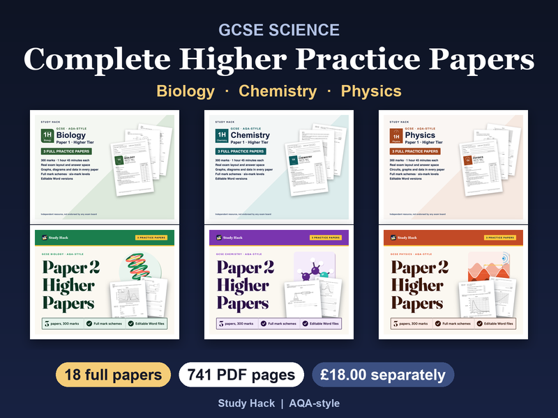 GCSE Science Complete Higher Practice Papers: Biology, Chemistry, Physics, 18 papers (AQA-style)