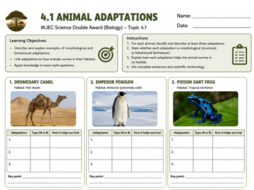 Adaptations Worksheets - Biology