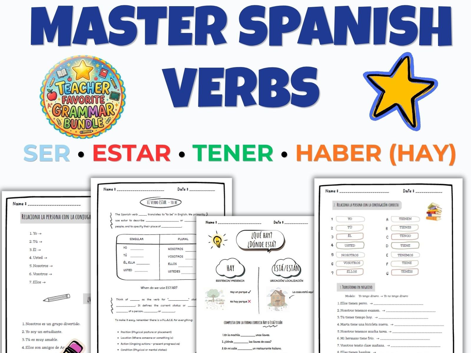 Spanish verbs SER ESTAR TENER HABER Activities | Spanish 1 - 2 Worksheets A1-A2