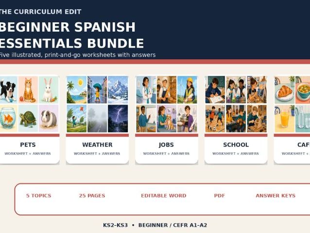 Beginner Spanish Essentials Bundle | 5 Illustrated Lessons + Answers