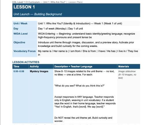 Full Year of ESL Lesson Plans